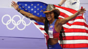 Aug 8, 2024; Paris Saint-Denis, France; Tara Davis-Woodhall (USA) celebrates after winning the womenís long jump final during the Paris 2024 Olympic Summer Games at Stade de France. Mandatory Credit: John David Mercer-USA TODAY Sports