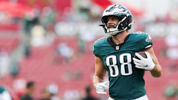 Sep 28, 2025; Tampa, Florida, USA; Philadelphia Eagles tight end Dallas Goedert (88) warms up on the field before the game against Tampa Bay Buccaneers at Raymond James Stadium. 