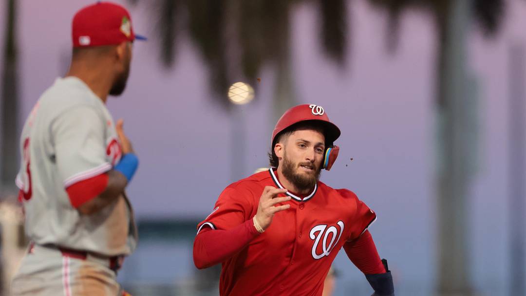 Feb 22, 2026; West Palm Beach, Florida, USA; Washington Nationals center fielder Dylan Crews (3) rounds past third base against the Philadelphia Phillies during the first inning at CACTI Park of the Palm Beaches. Mandatory Credit: Sam Navarro-Imagn Images