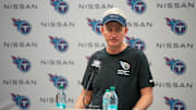 Tennessee Titans Coach Mike McCoy addresses the media after their game against the New England Patriots at Nissan Stadium in Nashville, Tenn., Sunday, Oct. 19, 2025. The Patriots beat the Titans 31-13.