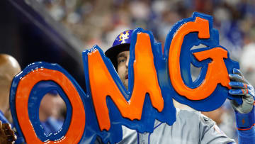 Jul 22, 2024; Miami, Florida, USA;  New York Mets second baseman Jeff McNeil (1) celebrates his home run against  the Miami Marlins in the second inning at loanDepot Park. Mandatory Credit: Rhona Wise-USA TODAY Sports