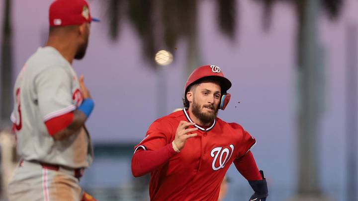Feb 22, 2026; West Palm Beach, Florida, USA; Washington Nationals center fielder Dylan Crews (3) rounds past third base against the Philadelphia Phillies during the first inning at CACTI Park of the Palm Beaches. Mandatory Credit: Sam Navarro-Imagn Images