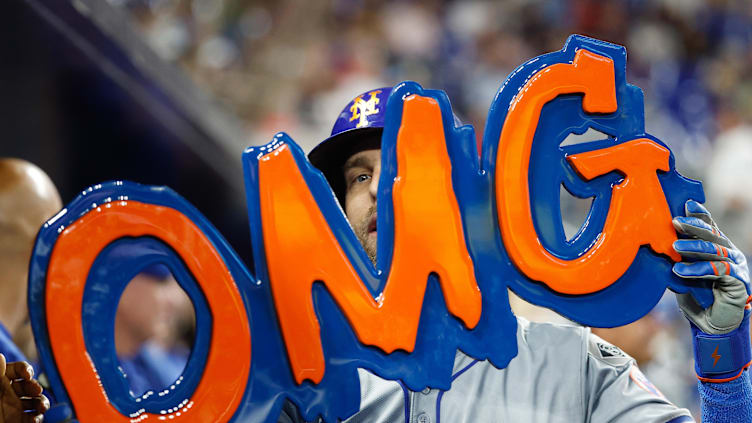 Jul 22, 2024; Miami, Florida, USA;  New York Mets second baseman Jeff McNeil (1) celebrates his home run against  the Miami Marlins in the second inning at loanDepot Park. Mandatory Credit: Rhona Wise-USA TODAY Sports