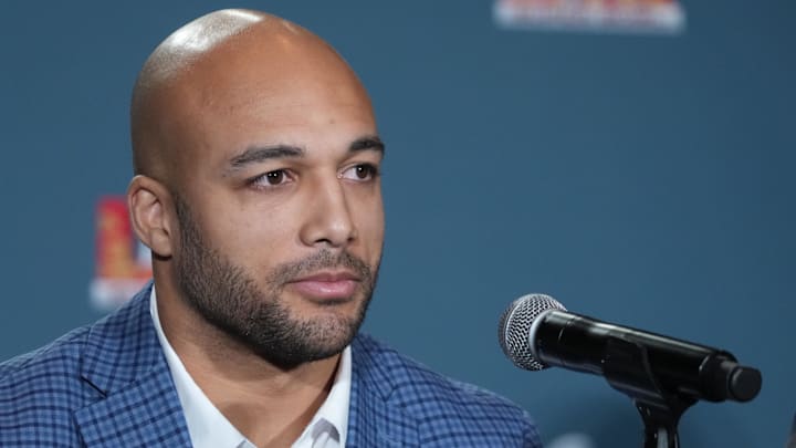 Feb 5, 2025; New Orleans, LA, USA; Austin Ekeler during the NFLPA press conference in advance of Super Bowl LIX at the New Orleans Convention Center. Mandatory Credit: Kirby Lee-Imagn Images Feb 5, 2025; New Orleans, LA, USA; Austin Ekeler during the NFLPA press conference in advance of Super Bowl LIX at the New Orleans Convention Center. Mandatory Credit: Kirby Lee-Imagn Images