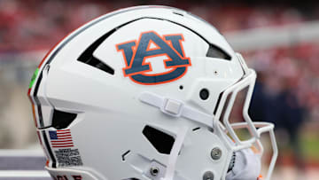 Oct 25, 2025; Fayetteville, Arkansas, USA; Auburn Tigers helmet during the first quarter against the Arkansas Razorbacks at Donald W. Reynolds Razorback Stadium. Mandatory Credit: Nelson Chenault-Imagn Images