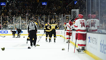 Apr 5, 2025; Boston, Massachusetts, USA; Hats are thrown on the ice after Boston Bruins right wing David Pastrnak (88) gets a hat trick during the third period against the Carolina Hurricanes at TD Garden. Mandatory Credit: Bob DeChiara-Imagn Images