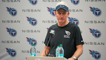 Tennessee Titans Coach Mike McCoy addresses the media after their game against the New England Patriots at Nissan Stadium in Nashville, Tenn., Sunday, Oct. 19, 2025. The Patriots beat the Titans 31-13.