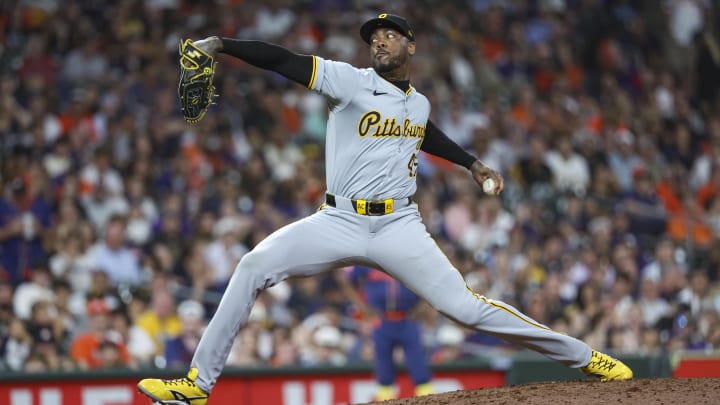 Pittsburgh Pirates relief pitcher Aroldis Chapman (45) delivers a pitch during the eighth inning against the Houston Astros at Minute Maid Park. 