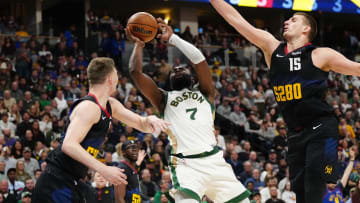 Mar 7, 2024; Denver, Colorado, USA; Boston Celtics guard Jaylen Brown (7) shoots 