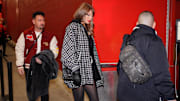Jan 18, 2025; Kansas City, Missouri, USA; Recording artist Taylor Swift (middle) arrives at GEHA Field at Arrowhead Stadium before a 2025 AFC divisional round game between the Kansas City Chiefs and the Houston Texans. Mandatory Credit: Denny Medley-Imagn Images