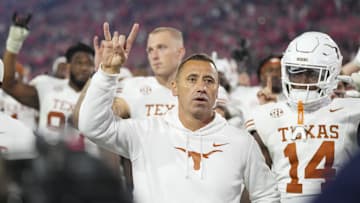 Nov 15, 2025; Athens, Georgia, USA; Texas Longhorns head coach Steve Sarkisian gestures after a game against the Georgia Bulldogs at Sanford Stadium. Mandatory Credit: Dale Zanine-Imagn Images