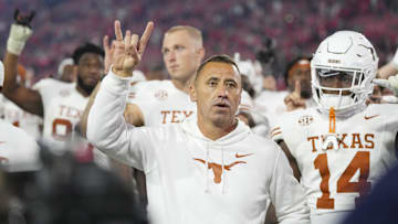 Nov 15, 2025; Athens, Georgia, USA; Texas Longhorns head coach Steve Sarkisian gestures after a game against the Georgia Bulldogs at Sanford Stadium. Mandatory Credit: Dale Zanine-Imagn Images