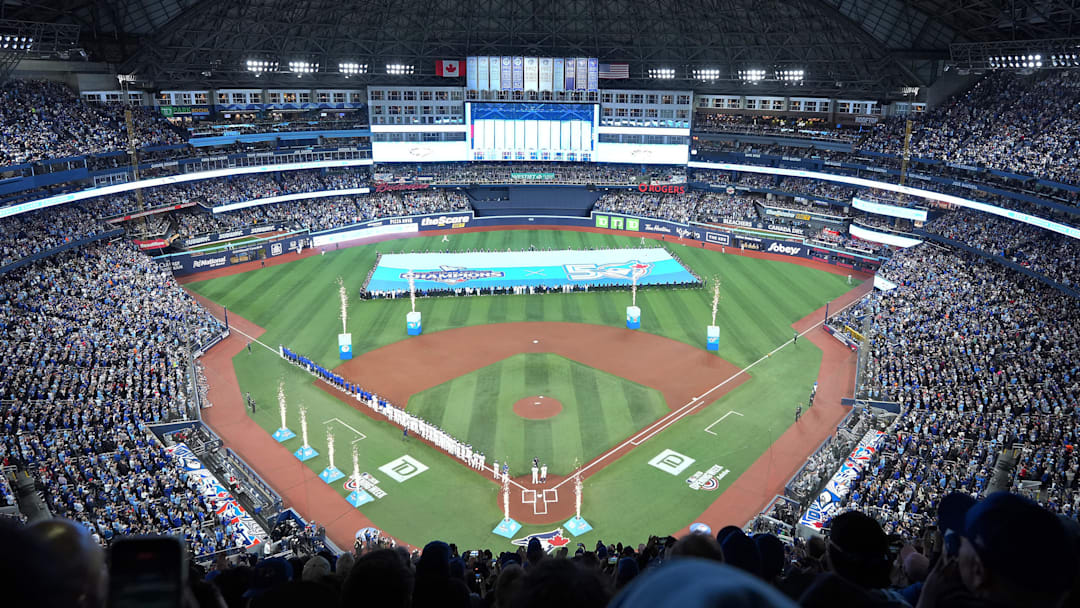 Mar 27, 2026; Toronto, Ontario, CAN; The Toronto Blue Jays present the American League Championship banner before the Opening Day game against the Athletics at Rogers Centre. Mandatory Credit: Nick Turchiaro-Imagn Images