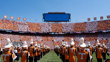 Two E/18 Growlers from Naval Air Station at Whidbey Island, Washington fly over the singing of the National Anthem in a checkered Neyland Stadium at the NCAA college football game between Tennessee and Georgia on September 13, 2025, Knoxville, Tennessee.