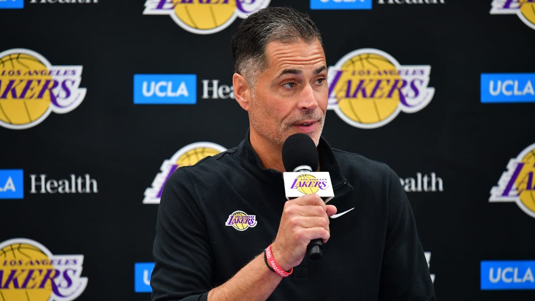 Sep 26, 2022; El Segundo, CA, USA; Los Angeles Lakers general manager Rob Pelinka speaks during Lakers Media Day at UCLA Health Training Center. Mandatory Credit: Gary A. Vasquez-USA TODAY Sports