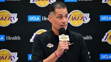 Sep 26, 2022; El Segundo, CA, USA; Los Angeles Lakers general manager Rob Pelinka speaks during Lakers Media Day at UCLA Health Training Center. Mandatory Credit: Gary A. Vasquez-USA TODAY Sports