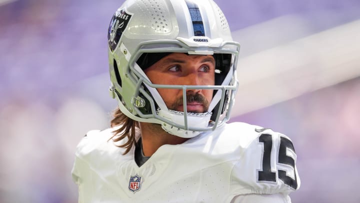 Aug 10, 2024; Minneapolis, Minnesota, USA; Las Vegas Raiders quarterback Gardner Minshew (15) before the game against the Minnesota Vikings  at U.S. Bank Stadium. Mandatory Credit: Brad Rempel-USA TODAY Sports