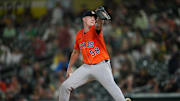 Sep 24, 2025; West Sacramento, California, USA; Houston Astros pitcher Hunter Brown (58) delivers a pitch against the Athletics in the fifth inning at Sutter Health Park. 