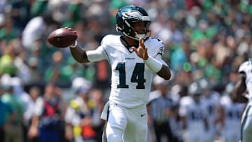 Aug 16, 2025; Philadelphia, Pennsylvania, USA; Philadelphia Eagles quarterback Dorian Thompson-Robinson (14) throws a pass against the Cleveland Browns in the first half at Lincoln Financial Field. Mandatory Credit: Kyle Ross-Imagn Images