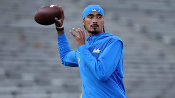 Sep 12, 2025; Pasadena, California, USA;  UCLA Bruins quarterback Nico Iamaleava (9) warms up before the game against the New Mexico Lobos at Rose Bowl. Mandatory Credit: Kiyoshi Mio-Imagn Images