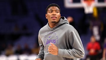 Apr 22, 2025; Los Angeles, California, USA; Los Angeles Lakers forward Rui Hachimura (28) warms up before a game two of first round for the 2024 NBA Playoffs against the Minnesota Timberwolves at Crypto.com Arena. Mandatory Credit: Kiyoshi Mio-Imagn Images