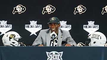 Colorado head coach Deion Sanders speaks with the media during 2025 Big 12 Football Media Days at The Star. 