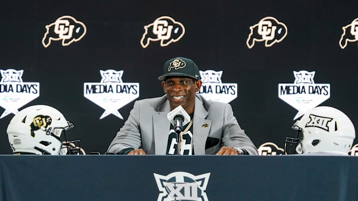 Colorado head coach Deion Sanders speaks with the media during 2025 Big 12 Football Media Days at The Star. Colorado head coach Deion Sanders speaks with the media during 2025 Big 12 Football Media Days at The Star.