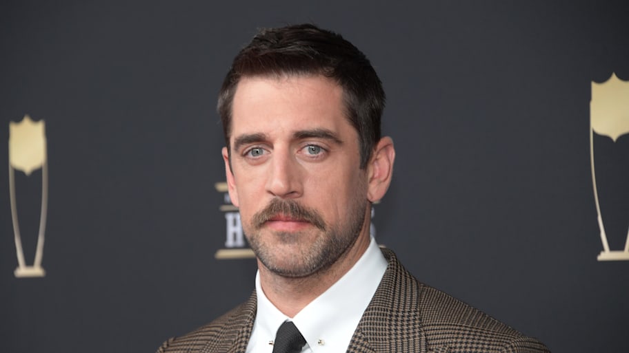 Aaron Rodgers during red carpet arrivals. | Kirby Lee-Imagn Images