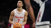 Houston guard Milos Uzan (7) led the Cougars to a Sweet 16 victory over Purdue.