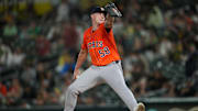 Sep 24, 2025; West Sacramento, California, USA; Houston Astros pitcher Hunter Brown (58) delivers a pitch against the Athletics in the fifth inning at Sutter Health Park.