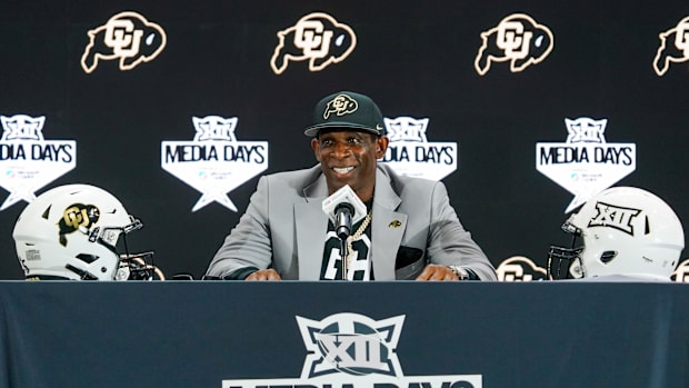 Colorado head coach Deion Sanders speaks with the media during 2025 Big 12 Football Media Days at The Star.