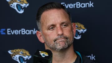 Jul 24, 2025; Jacksonville, FL, USA; Jacksonville Jaguars defensive coordinator Anthony Campanile talks to media during training camp at Miller Electric Center. 