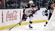 Nov 9, 2024; Los Angeles, California, USA; Columbus Blue Jackets right wing Kirill Marchenko (86) looks to pass during the first period against the Los Angeles Kings at Crypto.com Arena. Mandatory Credit: Jason Parkhurst-Imagn Images