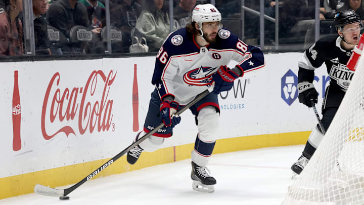 Nov 9, 2024; Los Angeles, California, USA; Columbus Blue Jackets right wing Kirill Marchenko (86) looks to pass during the first period against the Los Angeles Kings at Crypto.com Arena. Mandatory Credit: Jason Parkhurst-Imagn Images Nov 9, 2024; Los Angeles, California, USA; Columbus Blue Jackets right wing Kirill Marchenko (86) looks to pass during the first period against the Los Angeles Kings at Crypto.com Arena. Mandatory Credit: Jason Parkhurst-Imagn Images
