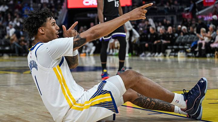 Oct 10, 2026; San Francisco, California, USA;  Golden State Warriors forward Yaxel Lendeborg (1) reacts after an and-1 foul during the third quarter against the Sacramento Kings at Chase Center.  Mandatory Credit: Justine Willard-Imagn Images