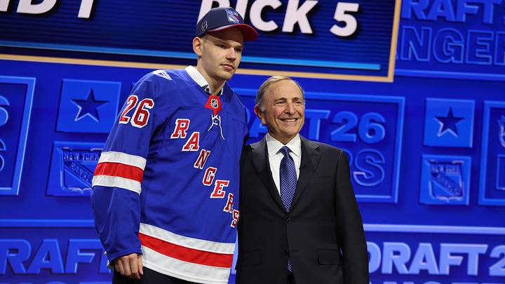 Jun 26, 2026; Buffalo, New York, USA; Alberts Smits reacts beside NHL commissioner Gary Bettman after being selected with the fifth pick in the first round of the 2026 NHL Draft by the New York Rangers at KeyBank Center. Mandatory Credit: Timothy T. Ludwig-Imagn Images Jun 26, 2026; Buffalo, New York, USA; Alberts Smits reacts beside NHL commissioner Gary Bettman after being selected with the fifth pick in the first round of the 2026 NHL Draft by the New York Rangers at KeyBank Center. Mandatory Credit: Timothy T. Ludwig-Imagn Images