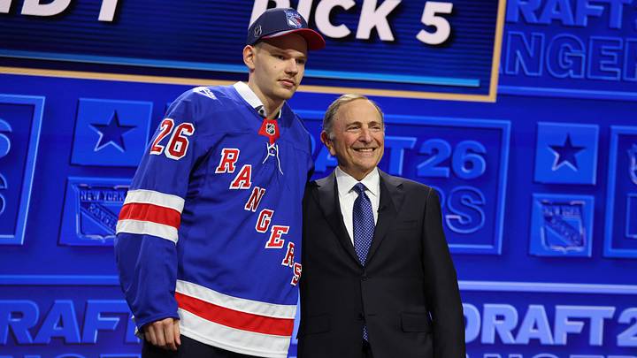 Jun 26, 2026; Buffalo, New York, USA; Alberts Smits reacts beside NHL commissioner Gary Bettman after being selected with the fifth pick in the first round of the 2026 NHL Draft by the New York Rangers at KeyBank Center. Mandatory Credit: Timothy T. Ludwig-Imagn Images Jun 26, 2026; Buffalo, New York, USA; Alberts Smits reacts beside NHL commissioner Gary Bettman after being selected with the fifth pick in the first round of the 2026 NHL Draft by the New York Rangers at KeyBank Center. Mandatory Credit: Timothy T. Ludwig-Imagn Images
