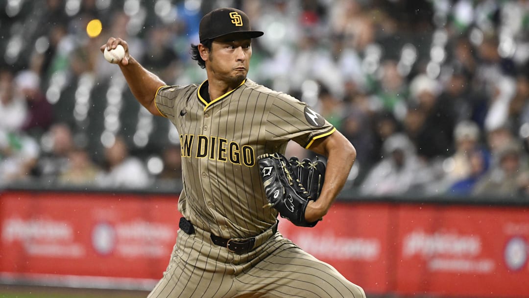 Sep 20, 2025; Chicago, Illinois, USA;  San Diego Padres pitcher Yu Darvish (11) delivers during the first inning against the Chicago White Sox at Rate Field. Mandatory Credit: Matt Marton-Imagn Images