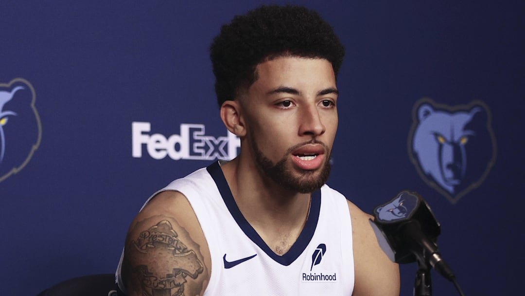 Sep 29, 2025; Memphis, TN, USA; Memphis Grizzlies guard Scotty Pippen Jr. speaks to media during a press conference on media day at FedEx Forum.  Mandatory Credit: Petre Thomas-Imagn Images Mandatory Credit: Petre Thomas-Imagn Images