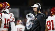 Nov 2, 2024; Seattle, Washington, USA; USC Trojans head coach Lincoln Riley stands on the sideline during the fourth quarter against the Washington Huskies at Alaska Airlines Field at Husky Stadium. Mandatory Credit: Joe Nicholson-Imagn Images