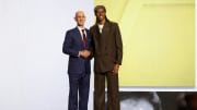 Jun 26, 2024; Brooklyn, NY, USA; Cody Williams poses for photos with NBA commissioner Adam Silver after being selected in the first round by the Utah Jazz in the 2024 NBA Draft at Barclays Center. Mandatory Credit: Brad Penner-USA TODAY Sports