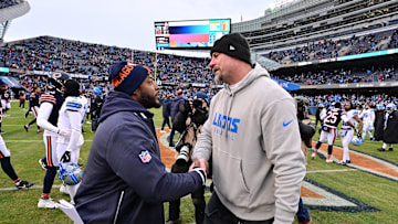 Dec 22, 2024; Chicago, Illinois, USA; Chicago Bears interim head coach Thomas Brown and Detroit Lions head coach Dan Campbell shake hands after a game at Soldier Field. Mandatory Credit: Daniel Bartel-Imagn Images