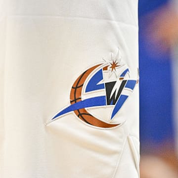 Jan 24, 2023; Dallas, Texas, USA; A view of the Washington Wizards logo during the game between Wizards and the Dallas Mavericks at the American Airlines Center. Mandatory Credit: Jerome Miron-Imagn Images
