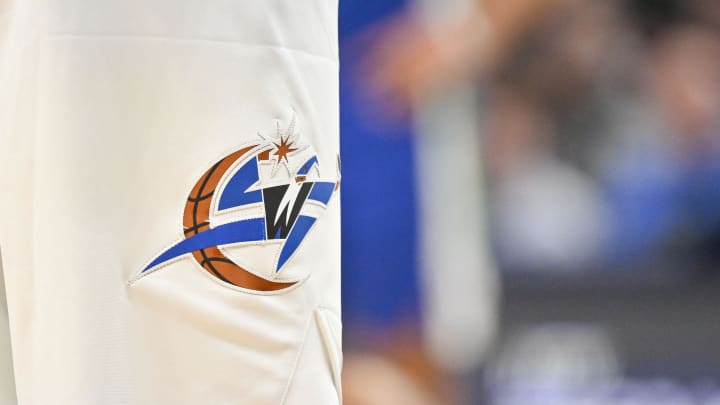 Jan 24, 2023; Dallas, Texas, USA; A view of the Washington Wizards logo during the game between Wizards and the Dallas Mavericks at the American Airlines Center. Mandatory Credit: Jerome Miron-USA TODAY Sports