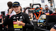 NTT IndyCar Series driver Colton Herta suits up before qualification for the Music City Grand Prix at Nashville Superspeedway in Lebanon, Tenn., Saturday, Sept. 14, 2024.