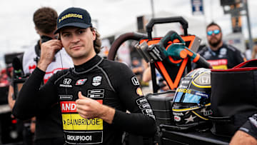 NTT IndyCar Series driver Colton Herta suits up before qualification for the Music City Grand Prix at Nashville Superspeedway in Lebanon, Tenn., Saturday, Sept. 14, 2024.