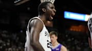 Jul 14, 2025; Las Vegas, NV, USA; San Antonio Spurs forward David Jones-Garcia (25) reacts after scoring against the Utah Jazz during overtime in a NBA basketball game at the Thomas & Mack Center.