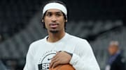 Oct 6, 2025; San Antonio, TX, USA; San Antonio Spurs guard Dylan Harper (2) warms up before a game against the Guangzhou Loong Lions at Frost Bank Center.