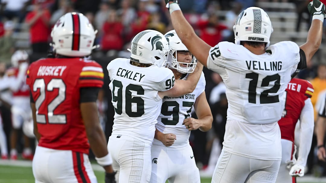 Sep 7, 2024; College Park, Maryland, USA; Michigan State Spartans place kicker Jonathan Kim (97) reactors after making the eventual game winning field goal against the Maryland Terrapins during the second half  at SECU Stadium. Mandatory Credit: Tommy Gilligan-Imagn Images