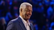 February 20, 2022; Cleveland, Ohio, USA; NBA great Oscar Robertson is honored for being selected to the NBA 75th Anniversary Team during halftime in the 2022 NBA All-Star Game at Rocket Mortgage FieldHouse. Mandatory Credit: Kyle Terada-Imagn Images